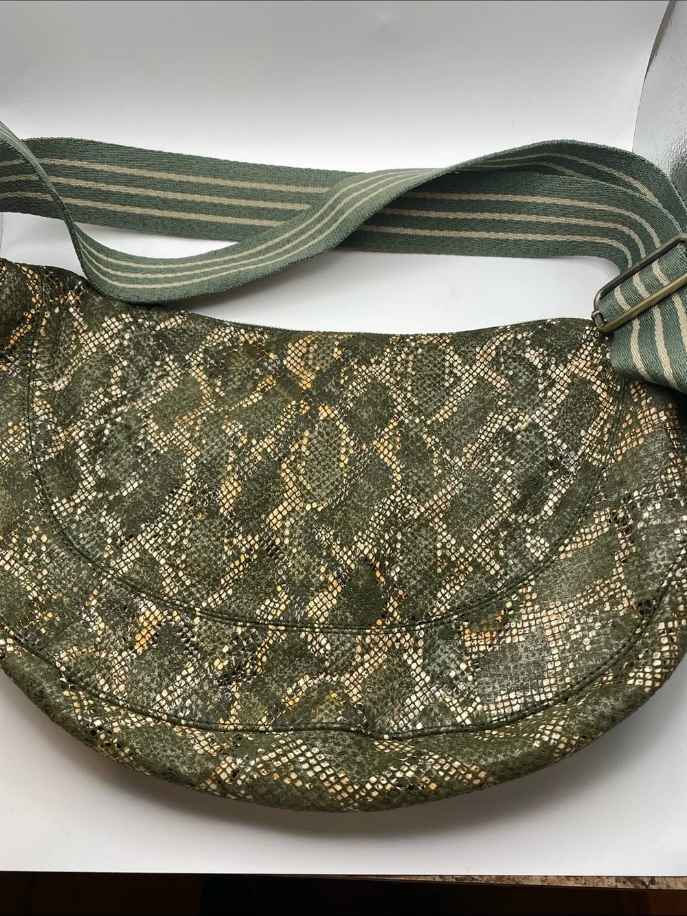 Anthropologie Green Metallic Snake-Print Hobo with Striped Strap